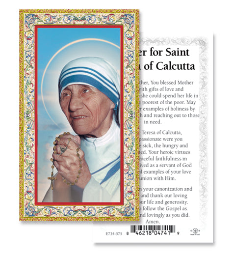 Saint Teresa of Calcutta Gold-Stamped Catholic Prayer Holy Card with Prayer on Back, Pack of 100