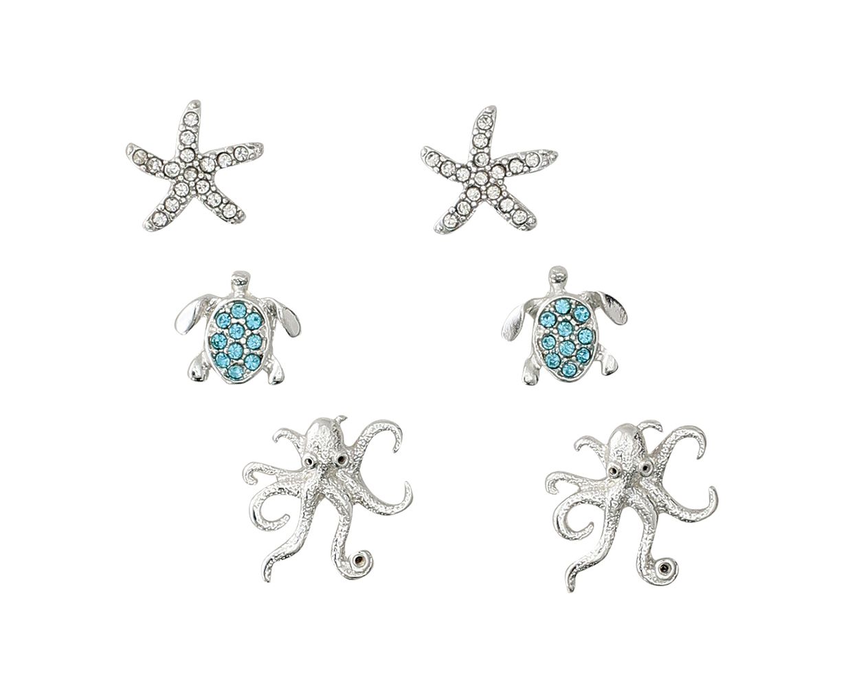 Periwinkle Silver Octopus And Aqua Turtle Earrings