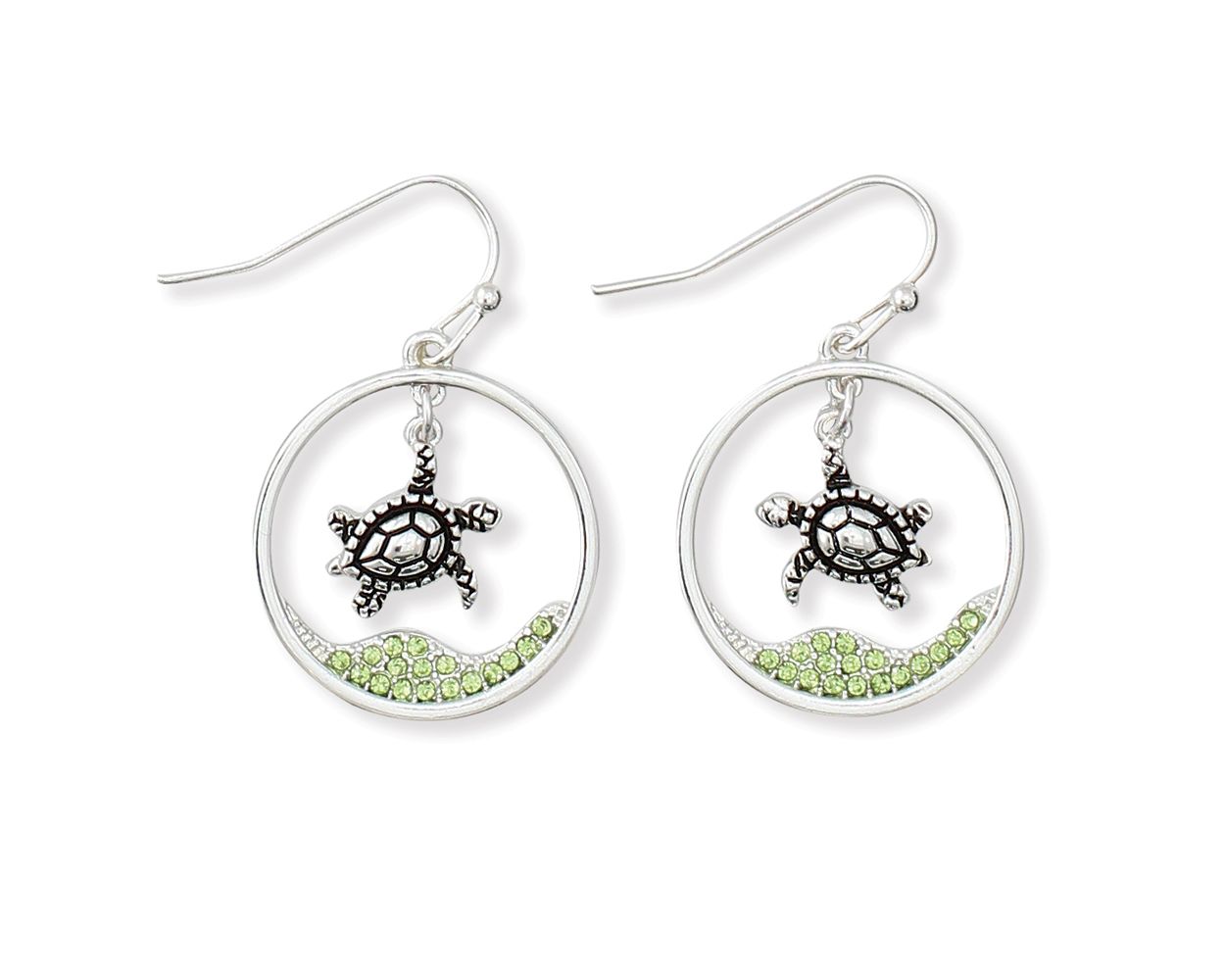 Periwinkle Swimming Turtle Earrings With Green Crystals