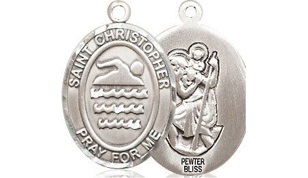 Extel Medium Pewter St. Christopher Swimming Medal Pendant Necklace Charm for Swimmer