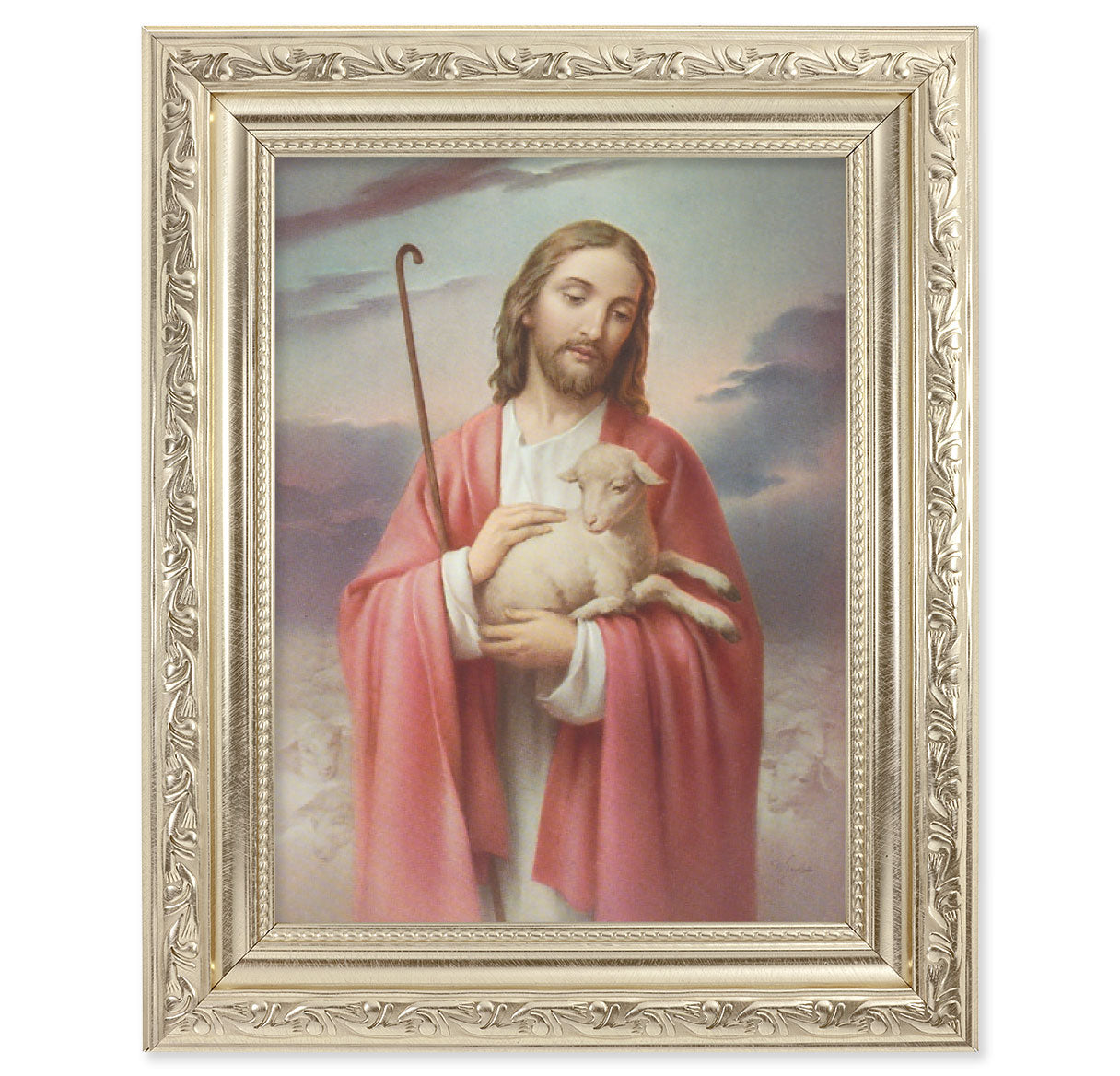 Good Shepherd Picture Framed Wall Art Decor Medium Antique Silver Frame