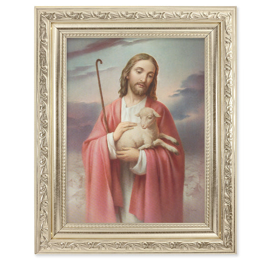 Good Shepherd Picture Framed Wall Art Decor Medium Antique Silver Frame