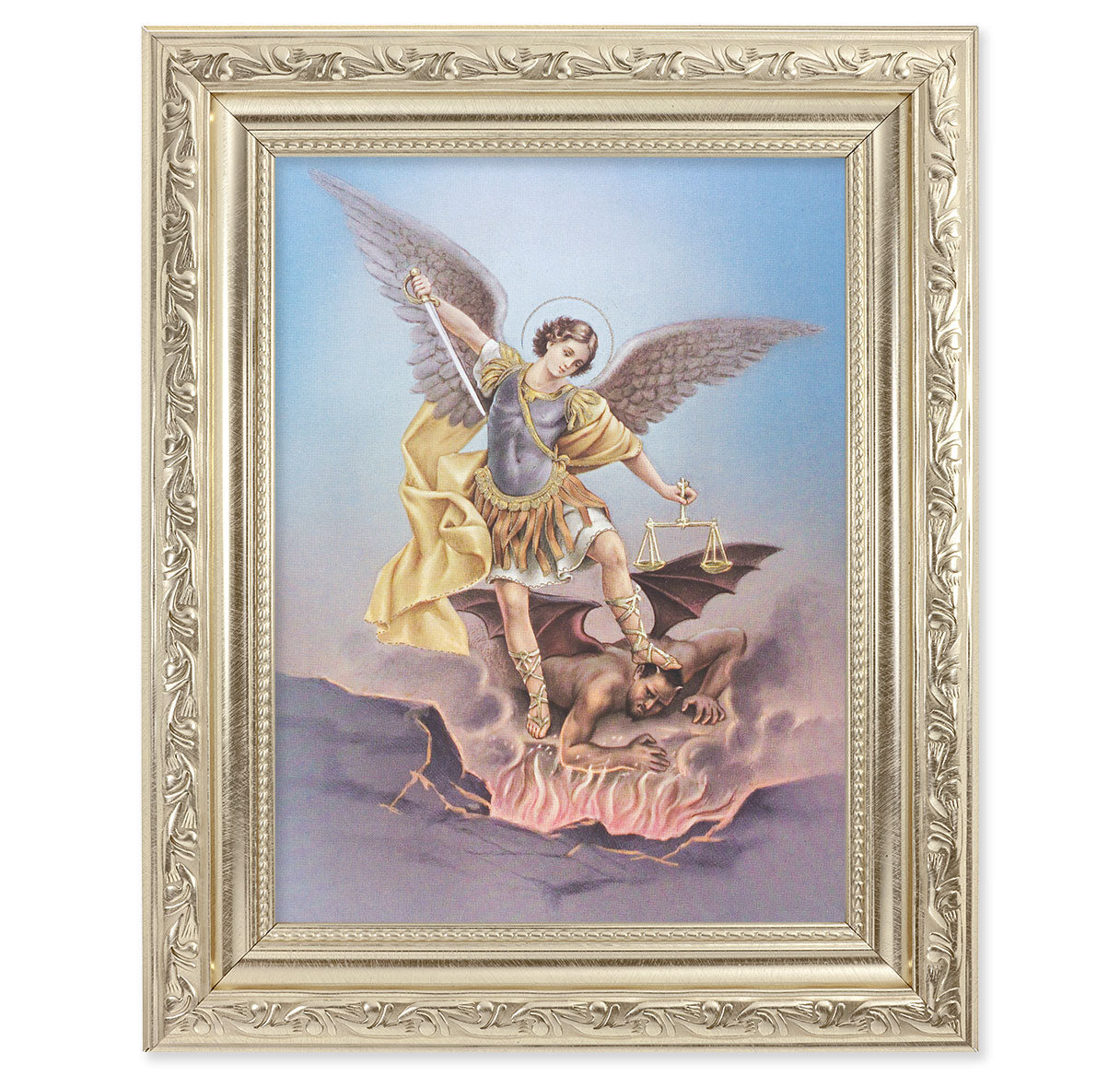 St. Michael Picture Framed Wall Art Decor Medium Antique Silver Frame