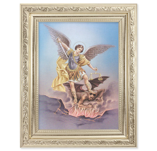 St. Michael Picture Framed Wall Art Decor Medium Antique Silver Frame