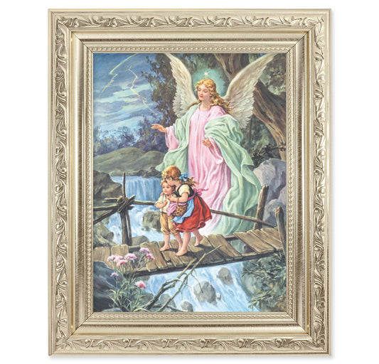 Guardian Angel Picture Framed Wall Art Decor Medium Antique Silver Acanthus-Leaf Frame