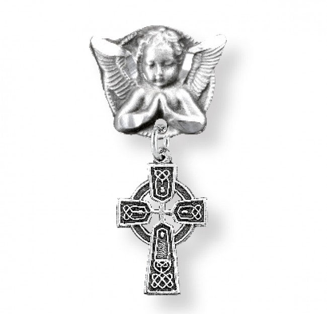 Extel Sterling Silver Baby Irish Celtic cross Pendant on a Angel Pin, Catholic Baptism Gift, Made in USA