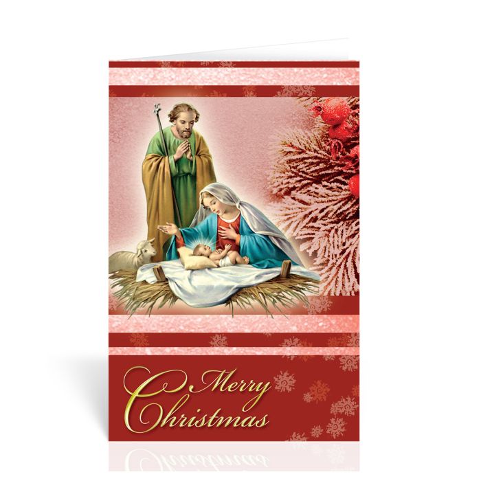 Catholic Holy Family with Manger and Berries Christmas Cards