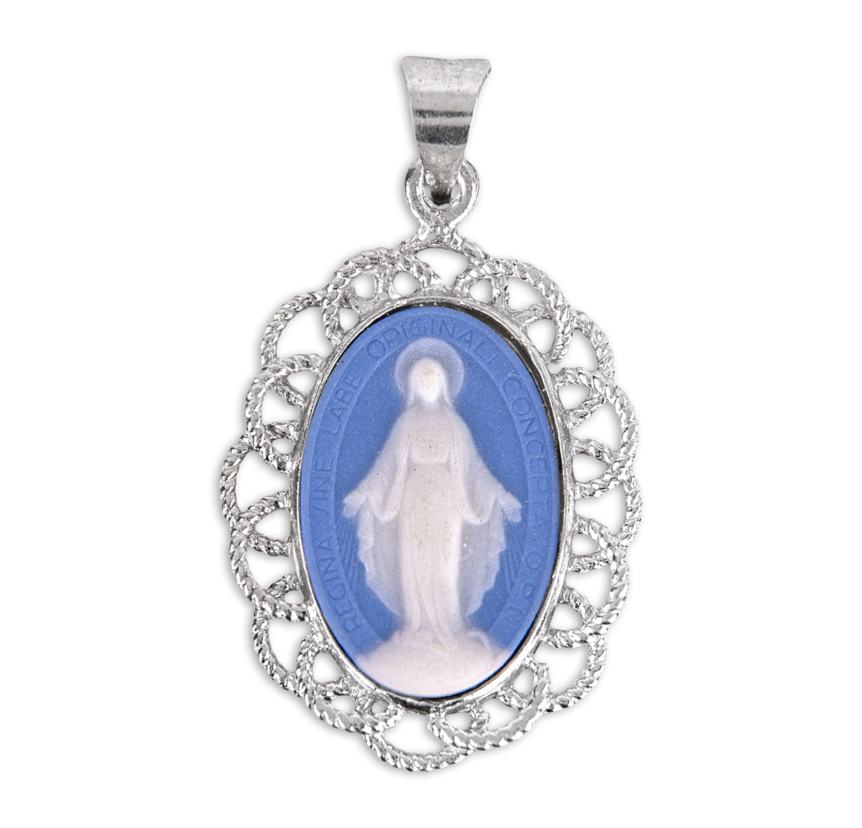 Light Blue Sterling Silver Cameo Medal Pendant Necklace