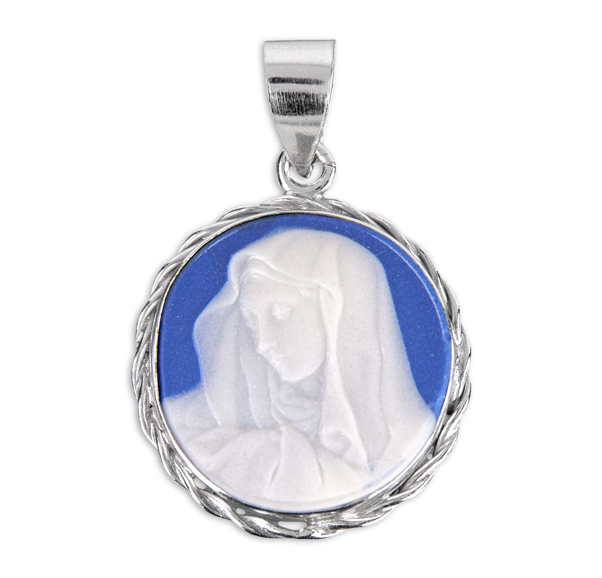 Dark Blue Sterling Silver Our Lady of Sorrows Cameo Medal Necklace