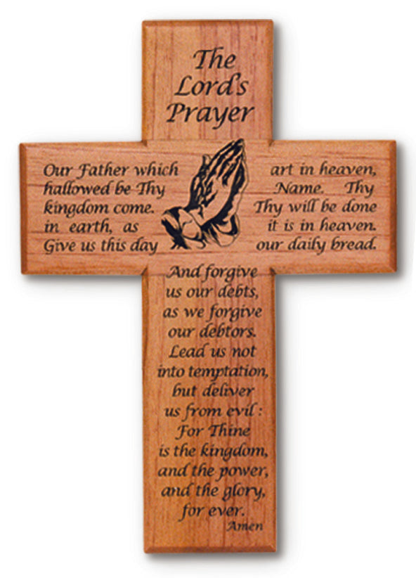 Medium Solid Mahogany Lords Prayer Cross 8 Inches Tall Decor