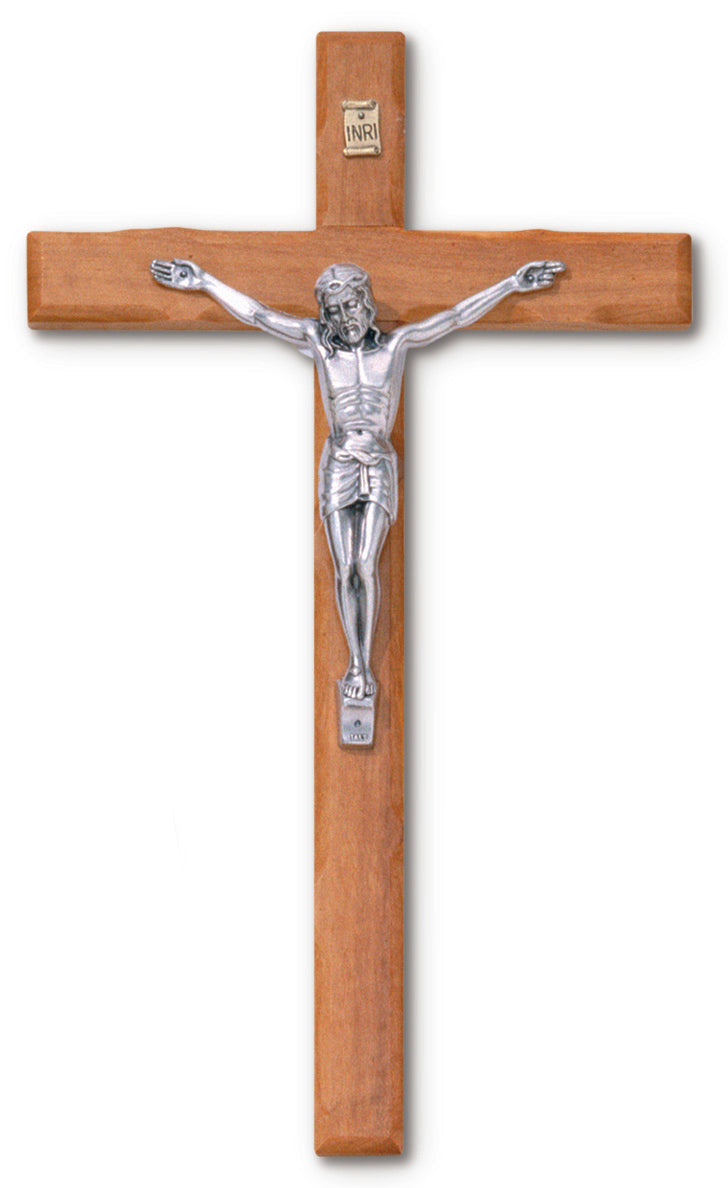 Large Olive Wood Wall Crucifix with Silver Corpus 12 Inch