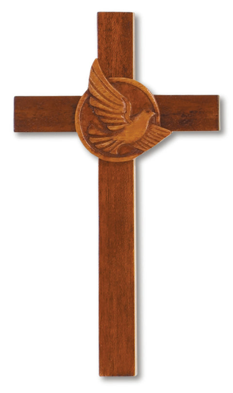 Medium Solid Mahogany Wall Cross with Dove Decor 8 Inch
