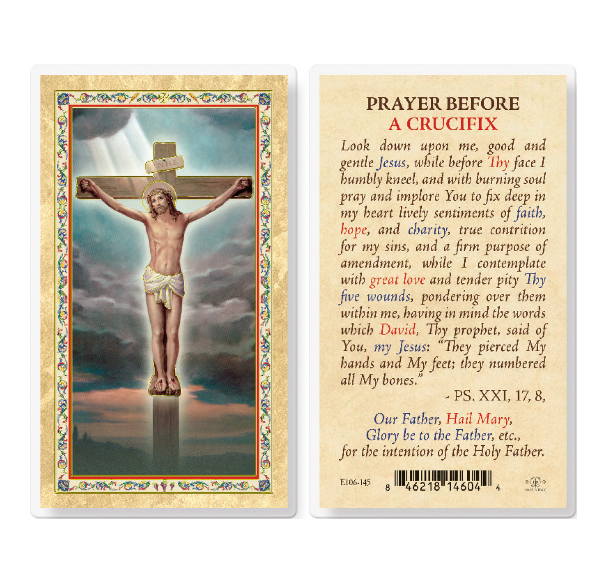 Prayer Before a Crucifix Gold-Stamped Laminated Catholic Prayer Holy Card with Prayer on Back, Pack of 25