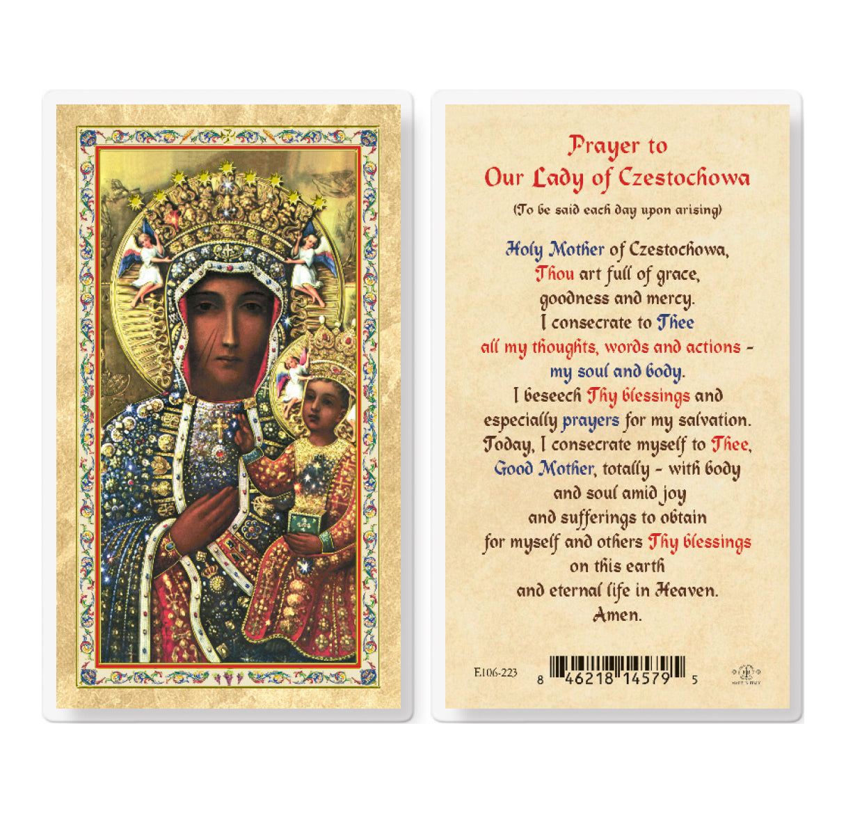Prayer to Our Lady of Czestochowa Gold-Stamped Laminated Holy Card Pack of 25