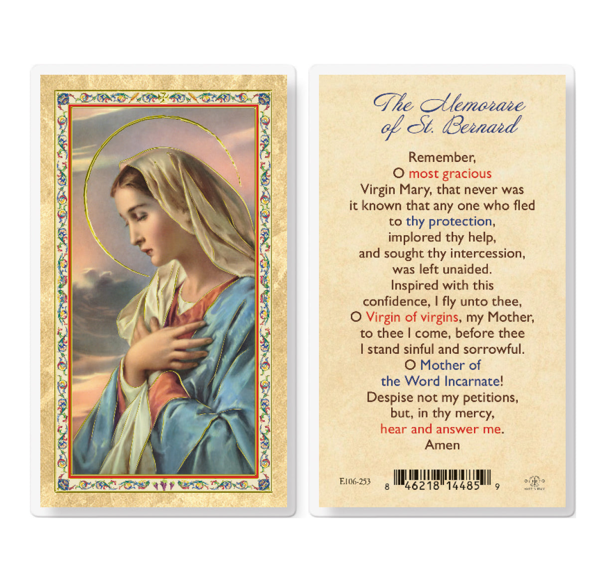 Our Lady of Grace Memorare St. Bernard Gold-Stamped Holy Card Pack of 25