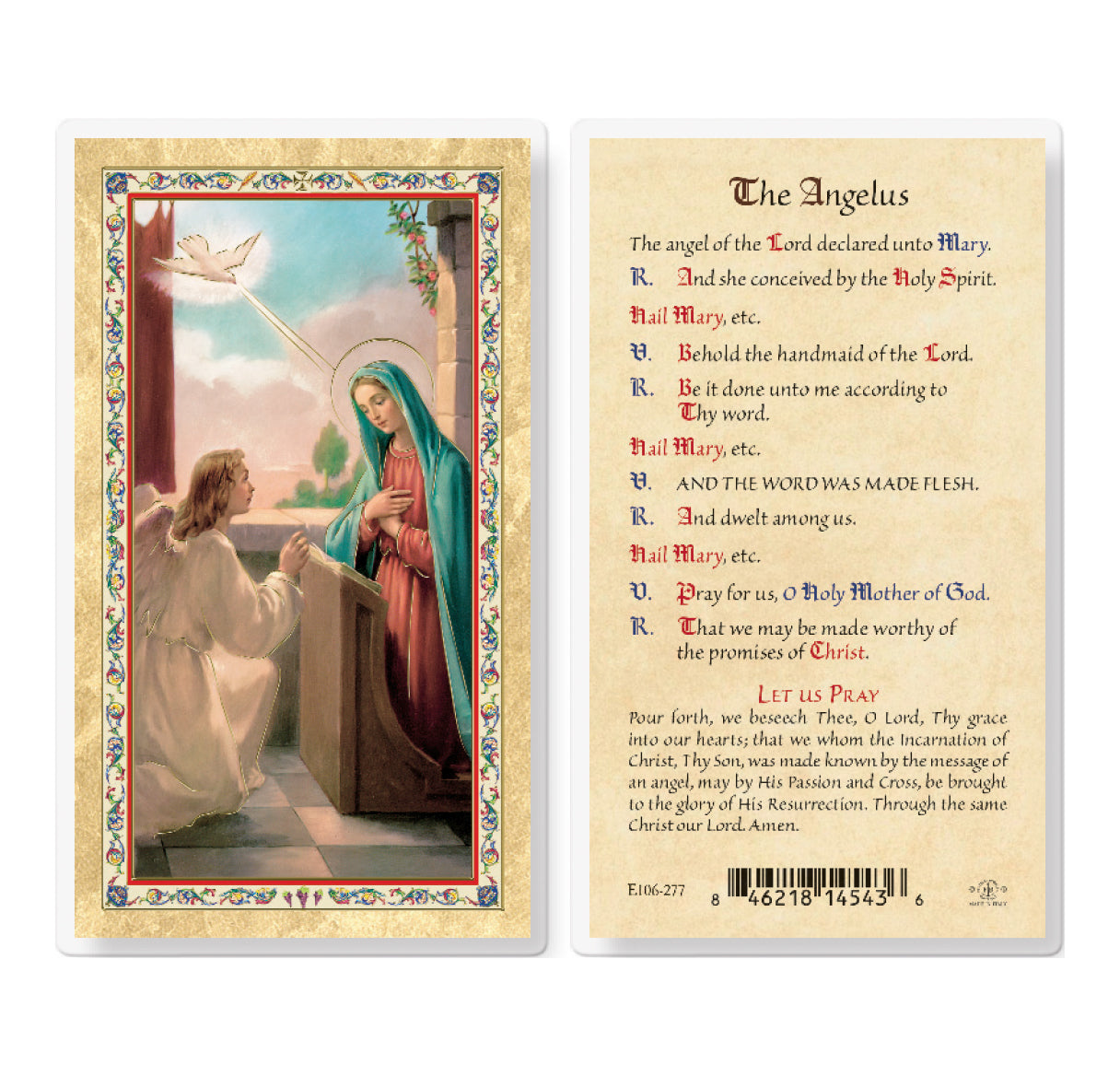 Angelus Prayer Laminated Catholic Prayer Holy Card with Prayer on Back,  Pack of 25