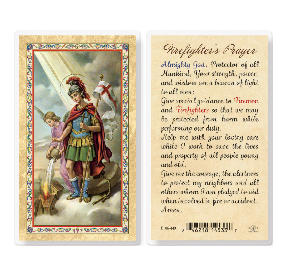 St. Florian - Fireman Prayer Gold-Stamped Laminated Catholic Prayer Holy Card with Prayer on Back, Pack of 25