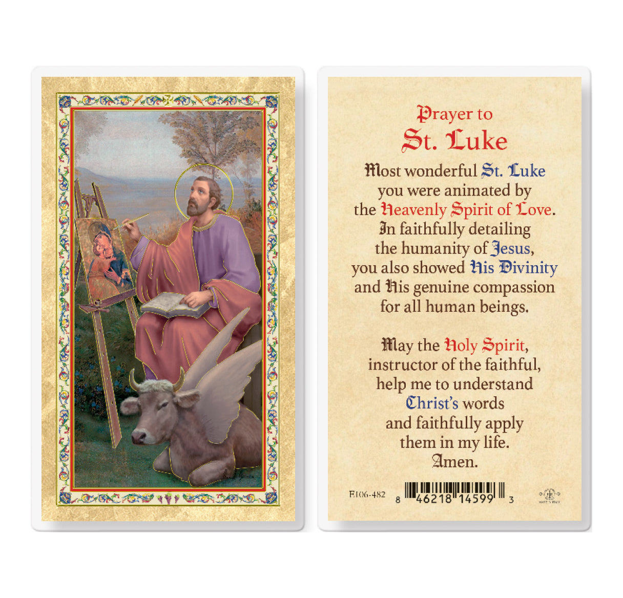 St. Luke w/Prayer Gold-Stamped Laminated Catholic Prayer Holy Card with Prayer on Back, Pack of 25