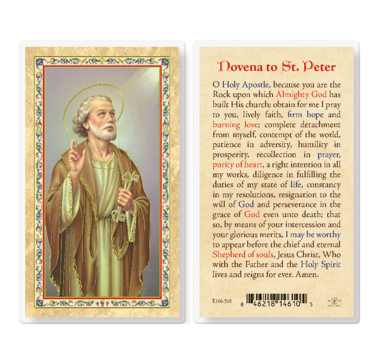 St. Peter Novena Prayer Gold-Stamped Laminated Catholic Prayer Holy Card with Prayer on Back, Pack of 25