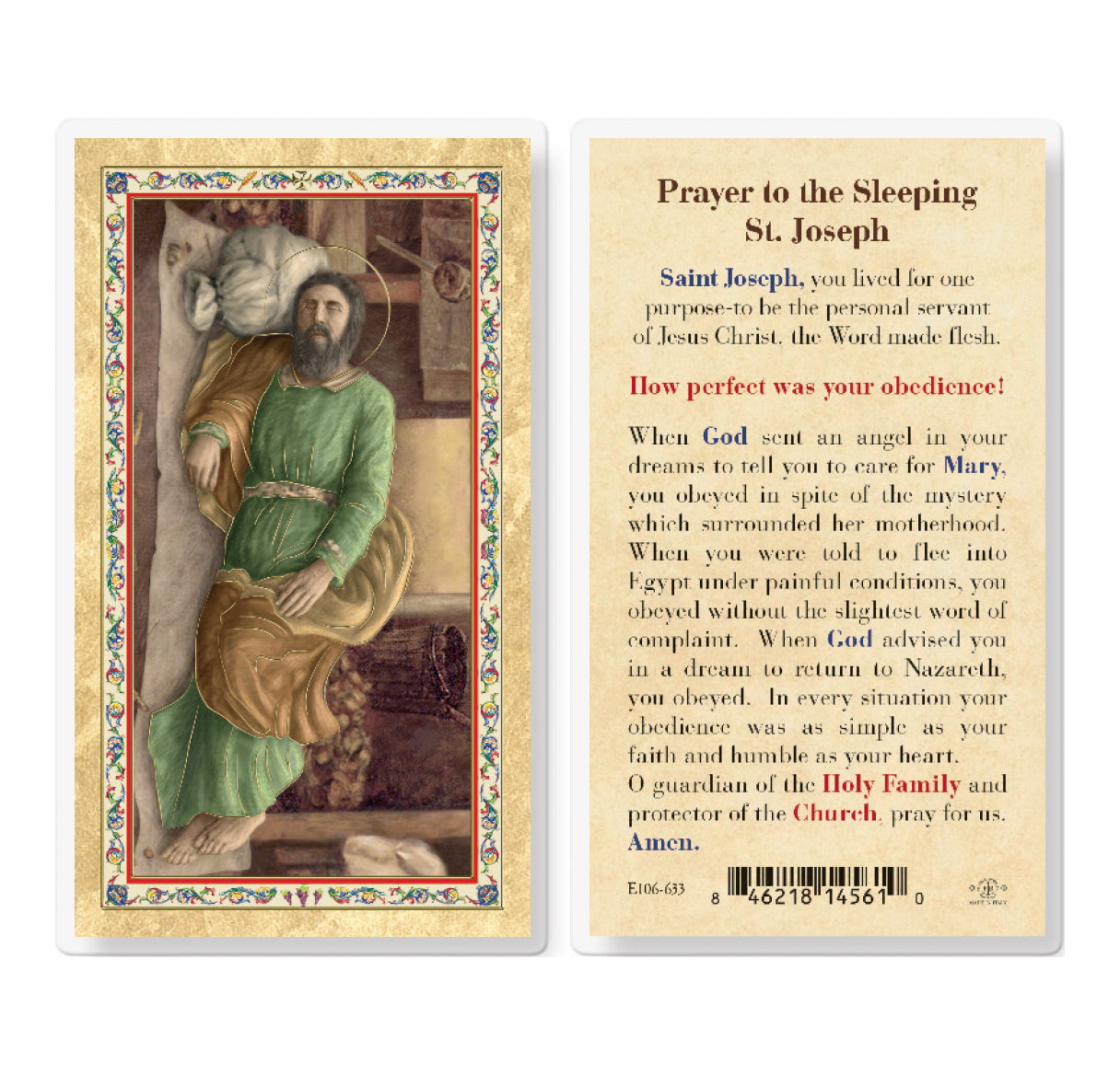 Sleeping St. Joseph Gold-Stamped Laminated Catholic Prayer Holy Card with Prayer on Back, Pack of 25