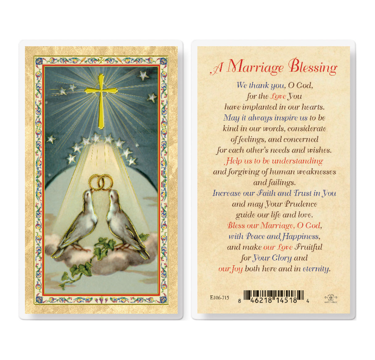 Marriage Blessing Gold-Stamped Laminated Catholic Prayer Holy Card Pack of 25
