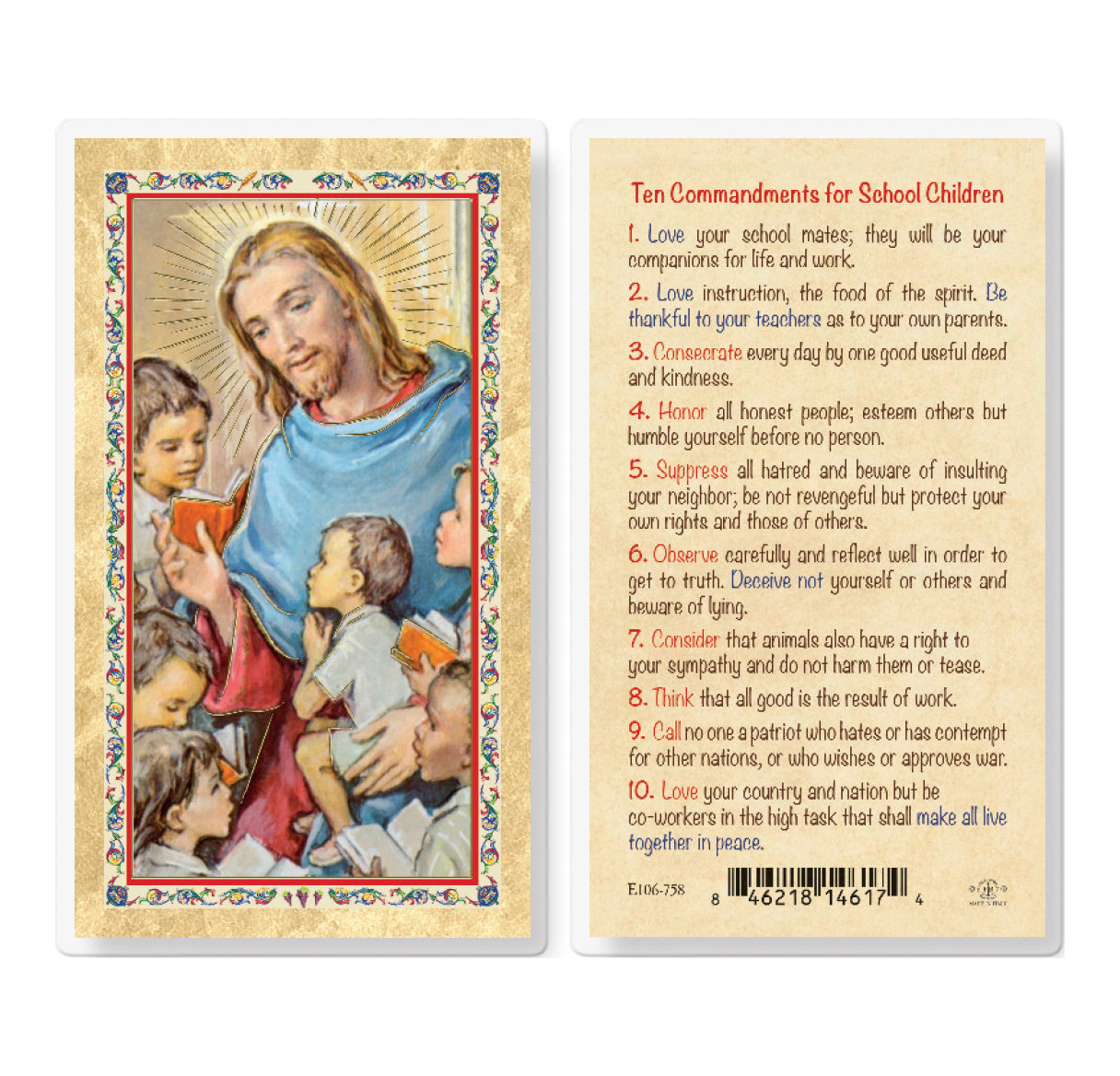 Ten Commandments School Kids Catholic Prayer Holy Card Pack of 25