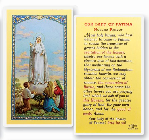 Our Lady of Fatima Novena Laminated Catholic Prayer Holy Card with Prayer on Back, Pack of 25