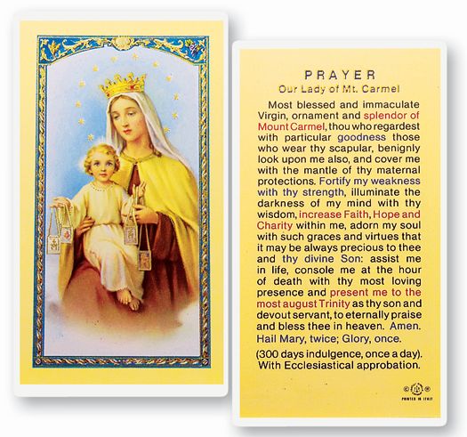 Our Lady of Mount Carmel Laminated Catholic Prayer Holy Card with Prayer on Back, Pack of 25