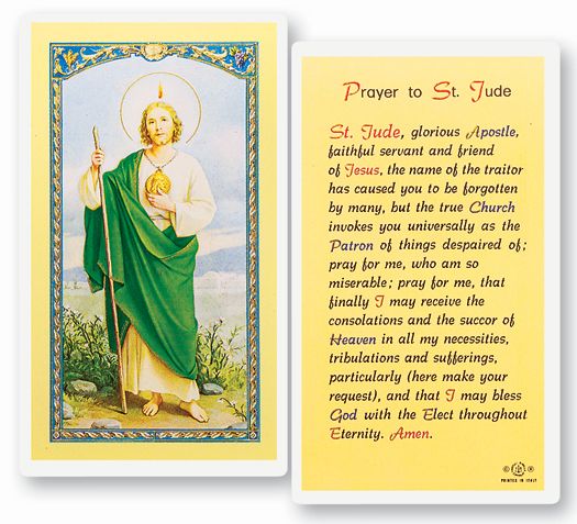 Saint Jude Laminated Catholic Prayer Holy Card with Prayer on Back, Pack of 25