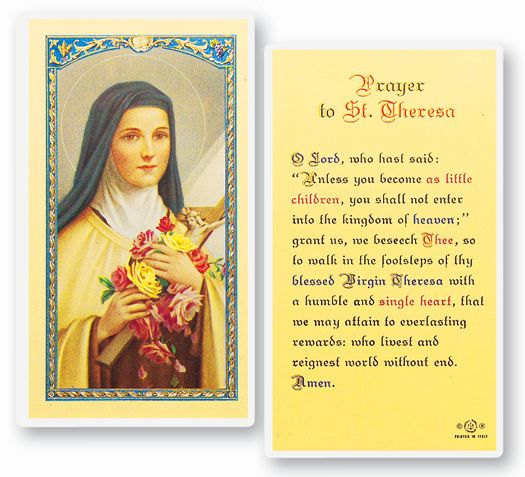 Saint Theresa Laminated Catholic Prayer Holy Card with Prayer on Back, Pack of 25