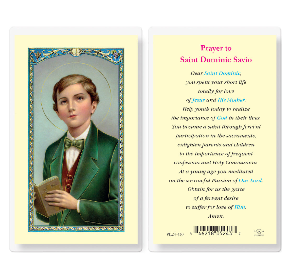 Prayer to Saint Dominic Savio Laminated Catholic Holy Card Pack of 25