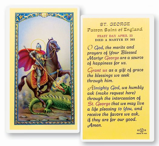 Saint George Laminated Catholic Prayer Holy Card with Prayer on Back, Pack of 25