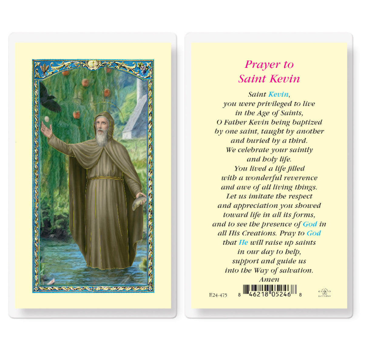 Saint Kevin Laminated Catholic Prayer Holy Card with Prayer on Back, Pack of 25