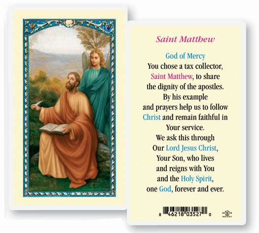 Saint Matthew Laminated Catholic Prayer Holy Card with Prayer on Back, Pack of 25