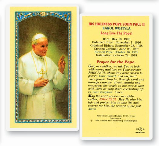 Pope John Paul II Catholic Prayer Holy Card with Prayer on Back, Pack of 25
