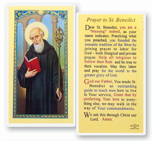 Saint Benedict Laminated Catholic Prayer Holy Card with Prayer on Back, Pack of 25