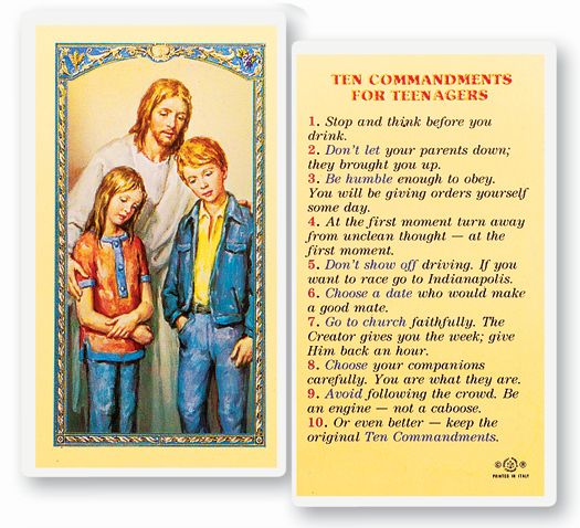 Ten Commandments for Teenagers Laminated Catholic Prayer Holy Card with Prayer on Back, Pack of 25
