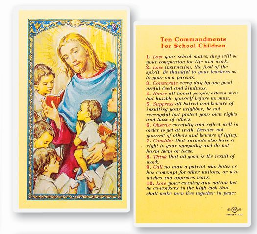 Ten Commandments for School Kids Laminated Catholic Prayer Holy Card Pack of 25