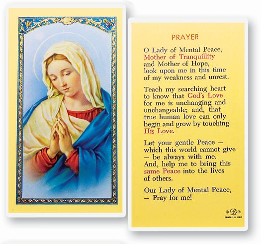 Our Lady of Mental Peace Laminated Catholic Prayer Holy Card with Prayer on Back, Pack of 25