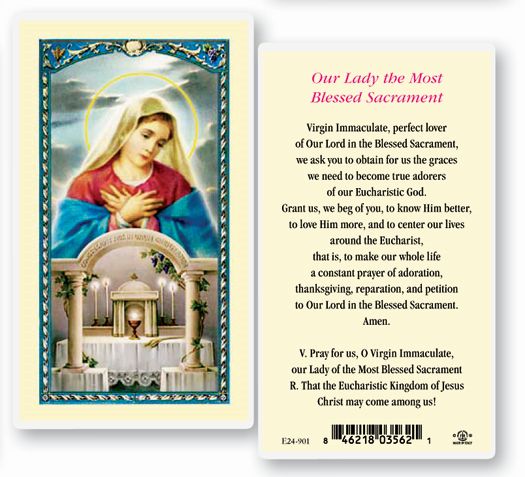 Our Lady of the Blessed Sacrament Laminated Catholic Prayer Card Pack of 25