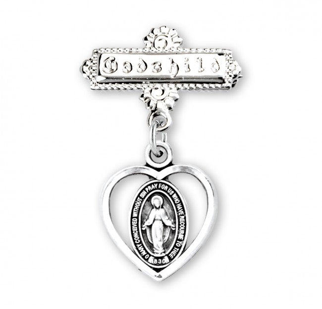 Extel Sterling Silver Pierced Heart Baby Miraculous Medal on a Godchild Pin, Catholic Baptism Gift for Godchild, Made in USA