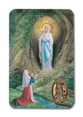 Our Lady of Lourdes Laminated Catholic Prayer Holy Card with Medal and Prayer on Back
