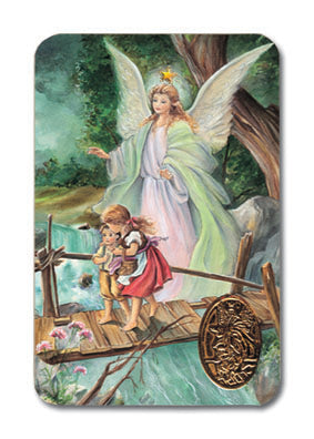 Guardian Angel Laminated Catholic Prayer Holy Card with Medal and Prayer on Back