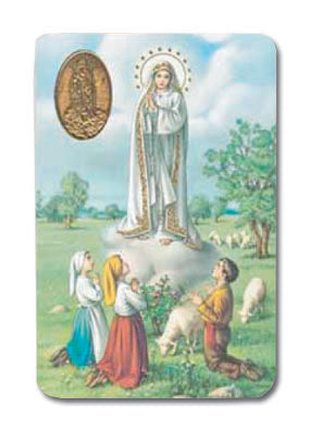 Our Lady of Fatima Laminated Catholic Prayer Holy Card with Medal and Prayer on Back