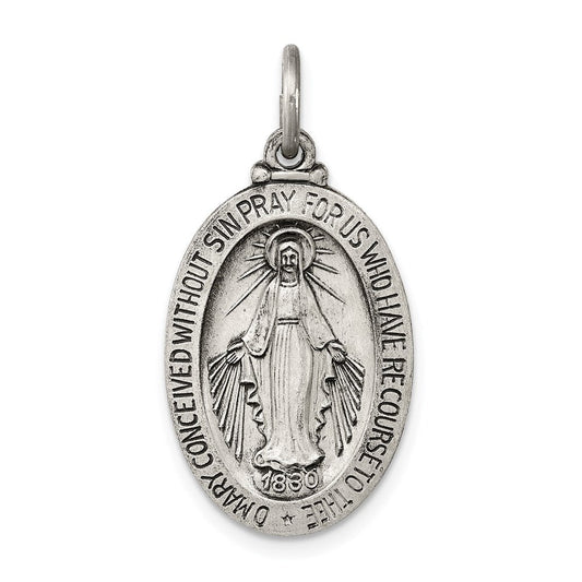 Extel Large Sterling Silver Antiqued Miraculous Medal Pendant Charm, Made in USA