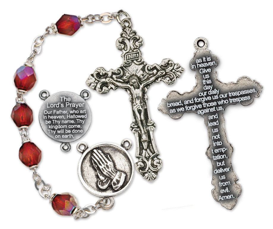 Women's Our Father Prayer Ruby Rosary Beads Aurora Borealis