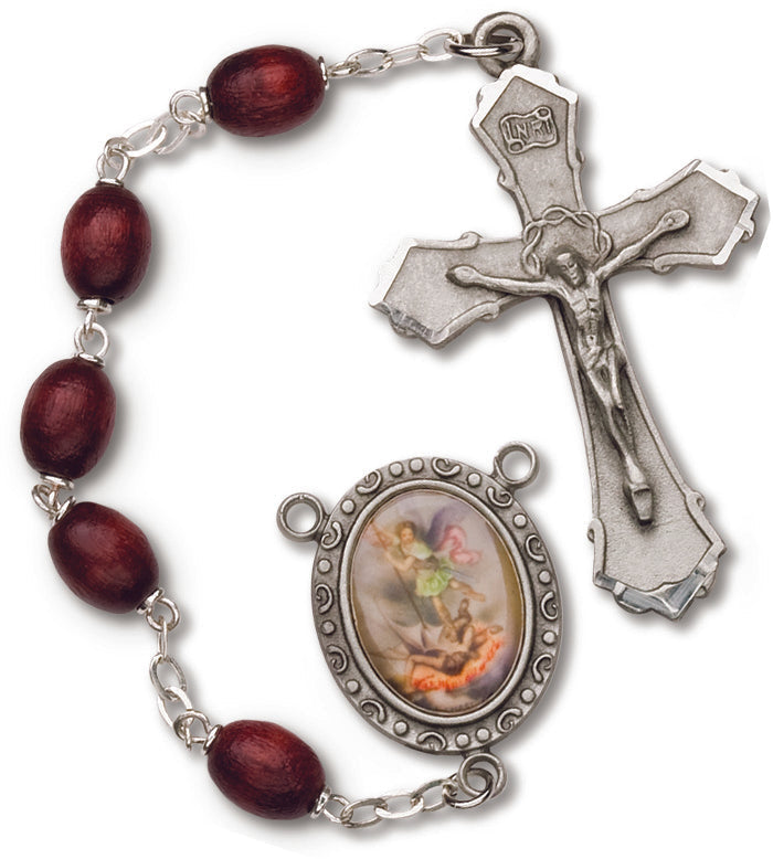 Men's St. Michael Large Brown Catholic Rosary Beads Wood Beads
