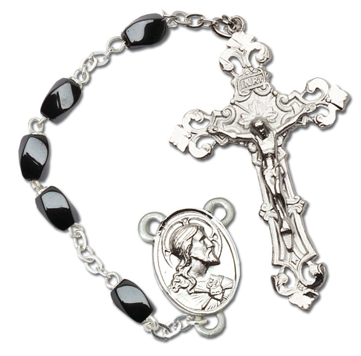 Men's Large Hematite Catholic Rosary Beads with Crucifix