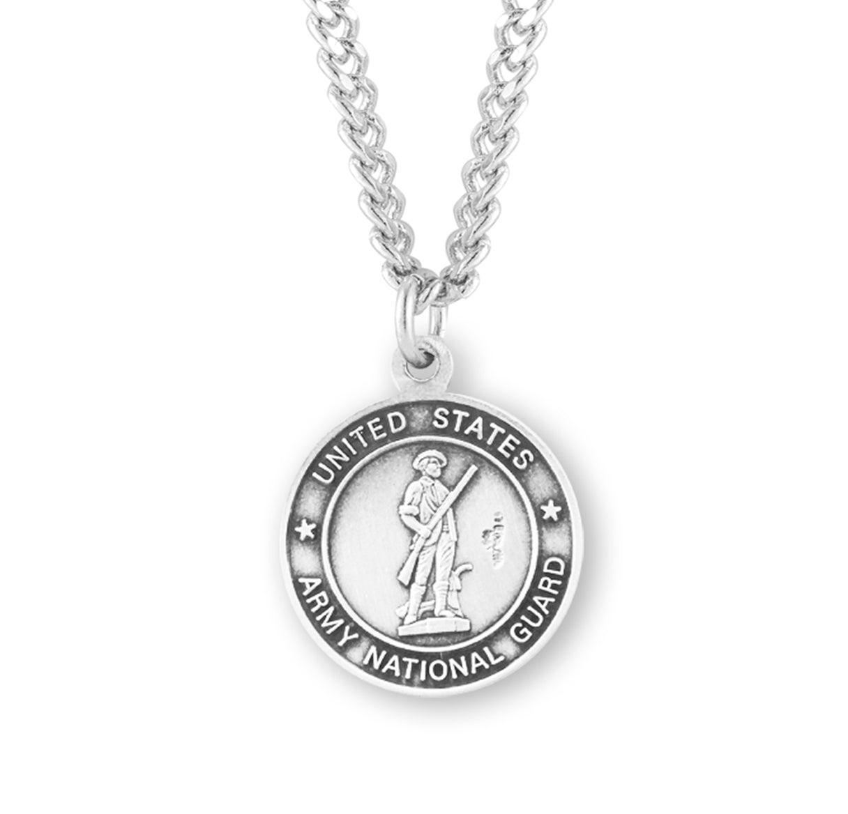 Extel Medium Sterling Silver Army National Guard Medal Pendant Necklace with St. Christopher on Reverse Side