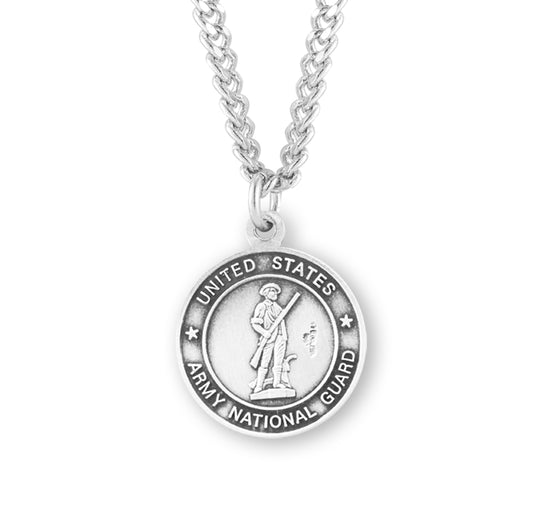 Extel Medium Sterling Silver Army National Guard Medal Pendant Necklace with St. Christopher on Reverse Side